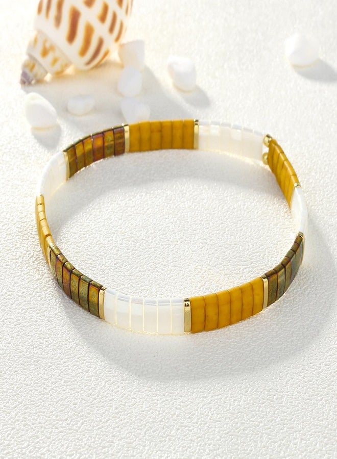 KELITCH New Miyuki Tila Bead Bracelets Charm Stretch Bracelets Stackable Wrap Bracelets for Women Jewelry (White Yellow 08D) - Image 3