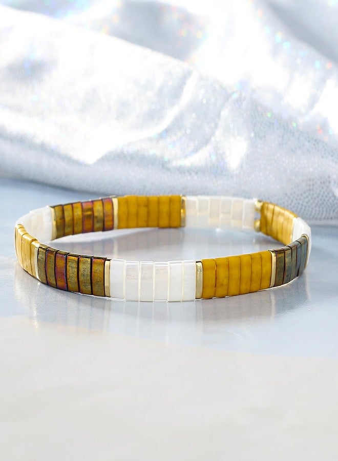 KELITCH New Miyuki Tila Bead Bracelets Charm Stretch Bracelets Stackable Wrap Bracelets for Women Jewelry (White Yellow 08D) - Image 4