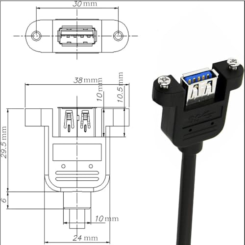 Haokiang Panel- Mount USB 3.0 Extension Cable, Haokiang 1 ft/30cm 90 Degree Right Angle USB 3.0 Type A Male to Type A Female with Screw Hole Panel Mount Adapter External Cable (Right Angle) - Image 4