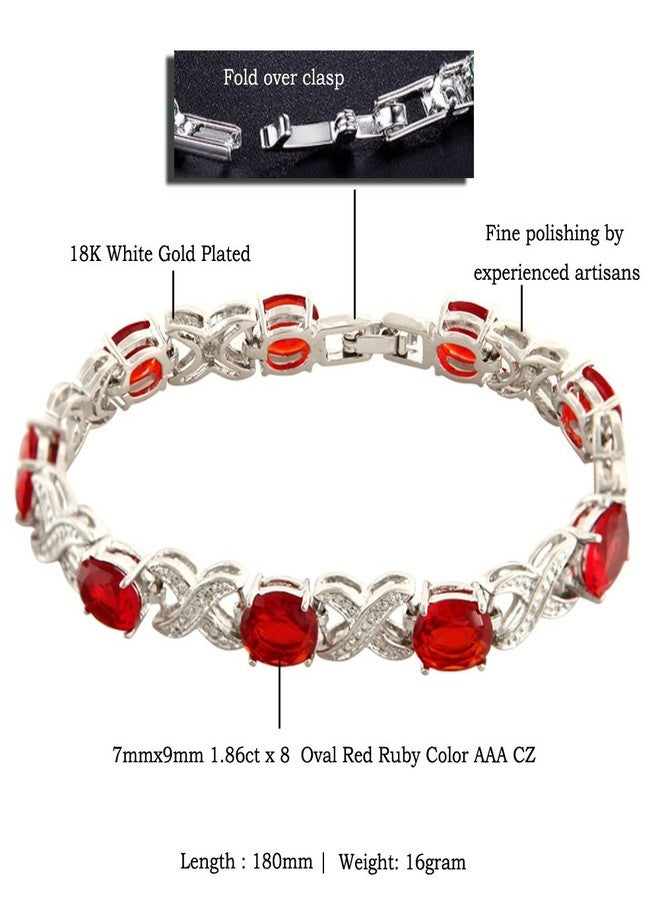 RIZILIA XOXO Link Tennis Bracelet & Oval Cut CZ [Simulated Red Ruby] in White Gold Plated, 7" - Image 2