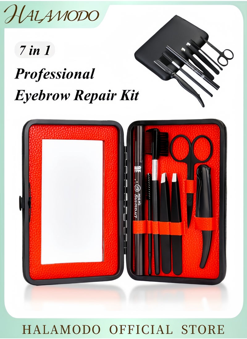 HALAMODO - 7 in 1 Professional Eyebrow Shaping and Grooming Kit Includes Eyebrow Scissors Razor Tweezers Brush and Scissors for Unisex Use Stainless Steel Eyebrow Grooming Tools Set - Image 1