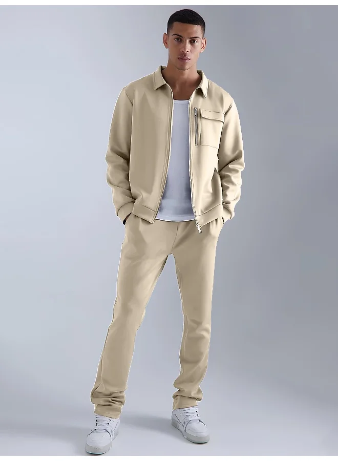 Maniac Maniac Mens Solid Beige Collared Neck Jacket and Jogger Cotton Loopknit Fleece Co-Ords