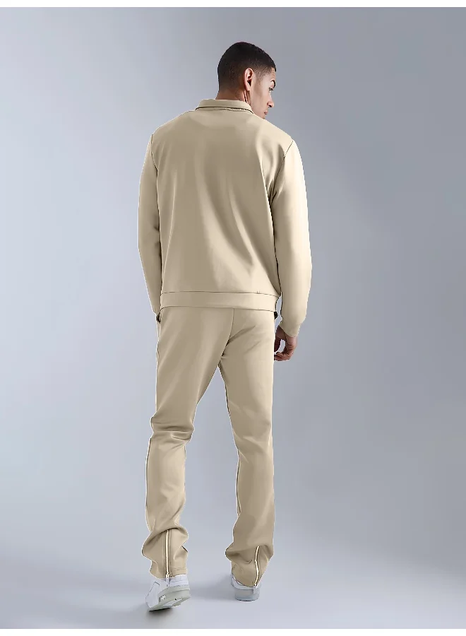 Maniac Maniac Mens Solid Beige Collared Neck Jacket and Jogger Cotton Loopknit Fleece Co-Ords