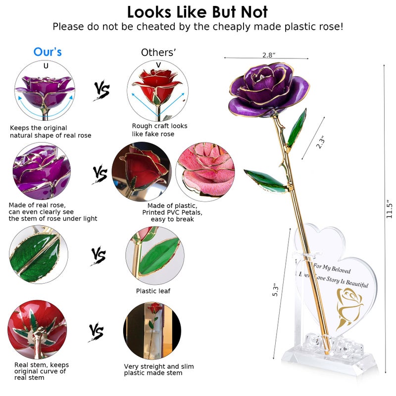 Sinvitron Gold Dipped Rose 24K Real Rose  Long Stem Hand Dipped in 24k Gold Rose Unique Romantic Gifts for Women in Her Birthday  Anniversary Valentines Day  for Mom (Purple) - Image 3