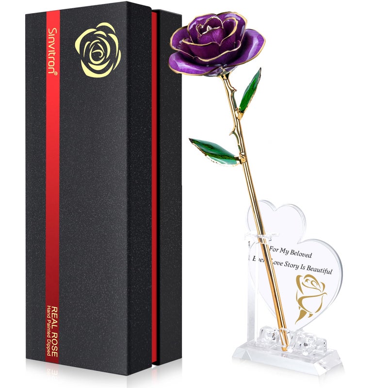 Sinvitron Gold Dipped Rose 24K Real Rose  Long Stem Hand Dipped in 24k Gold Rose Unique Romantic Gifts for Women in Her Birthday  Anniversary Valentines Day  for Mom (Purple) - Image 1