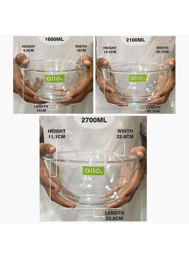Allo Food Safe Borosilicate Glass Mixing & Serving Bowls for Kitchen, Oven & Microwave Safe Bowls, Dishwasher and Freezer Safe Bowls, Set of 3 1600ML, 2100ML, 2700ML, Transparent - Image 5