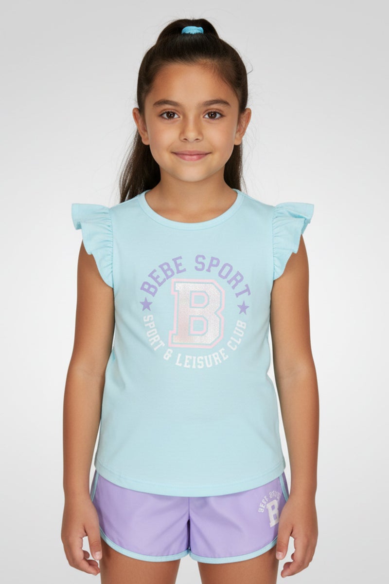 bebe Kids Girl 2 Pcs Brand Logo Training T-Shirt And Short Set, Multicolor - Image 1