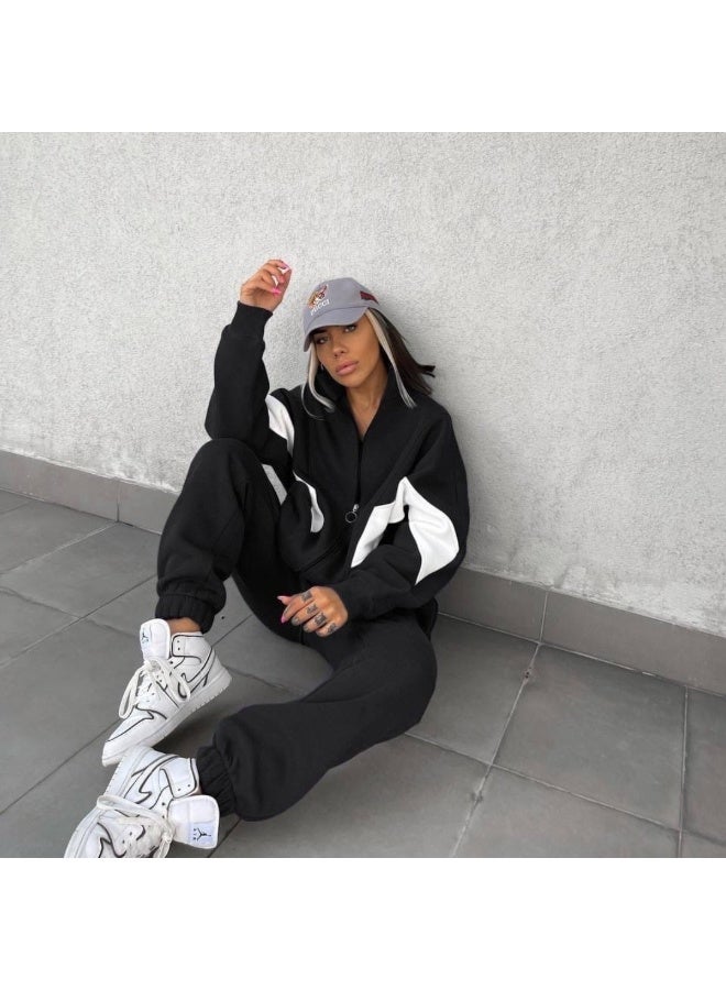 NIBEMINENT Fashion Sports Suit For Women Autumn Winter  Casual Zipper Long Sleeve Splicing Sweatshirt High Waist Trousers 2 Piece Set - Image 2