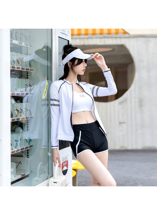 Generic [Japanese And Korean Three-piece Swimsuit] Long-sleeved Zipper Jacket Boxer Shorts Sports Bra Conservative Seaside Swimsuit For Women 