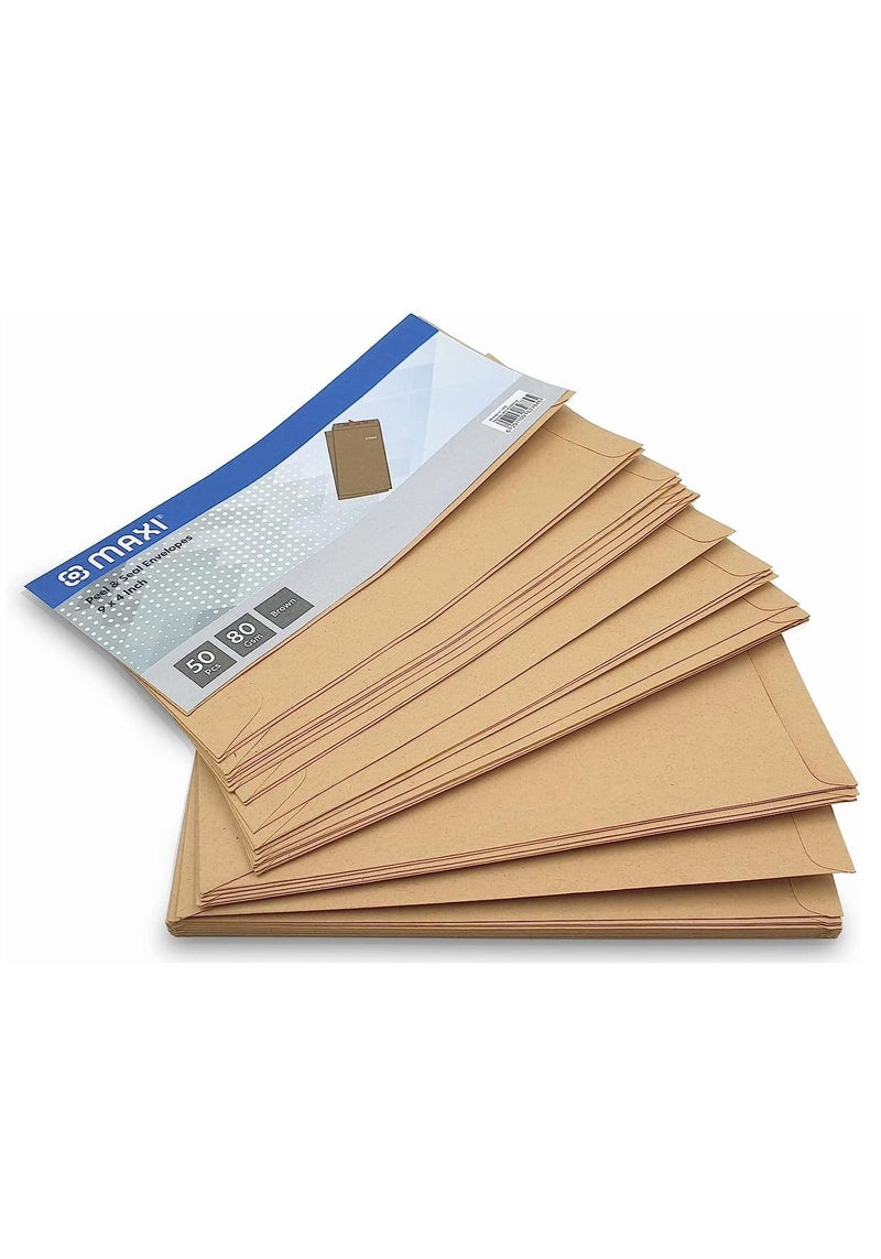 Maxi 50-Piece Brown Peel and Seal Envelopes 4x9 Inch Size