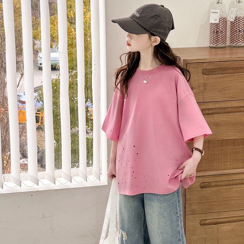 Girls Splash Ink Rhinestone T-Shirt Ripped Jeans Suit 2025 Middle And Big Children'S Trendy Cool Fashion Two-Piece Set - Image 1
