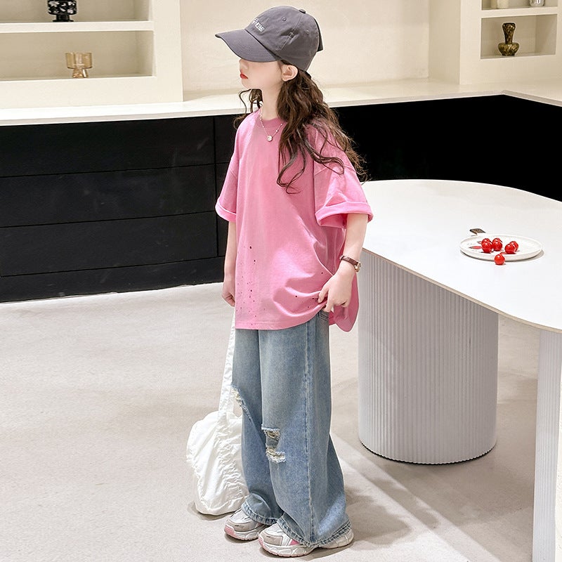 Girls Splash Ink Rhinestone T-Shirt Ripped Jeans Suit 2025 Middle And Big Children'S Trendy Cool Fashion Two-Piece Set - Image 4