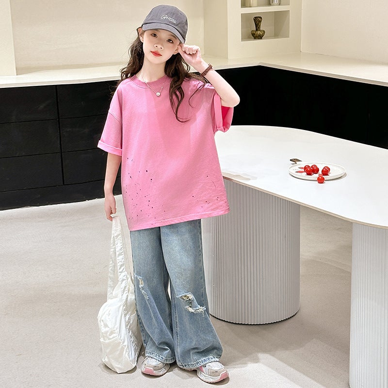 Girls Splash Ink Rhinestone T-Shirt Ripped Jeans Suit 2025 Middle And Big Children'S Trendy Cool Fashion Two-Piece Set - Image 3
