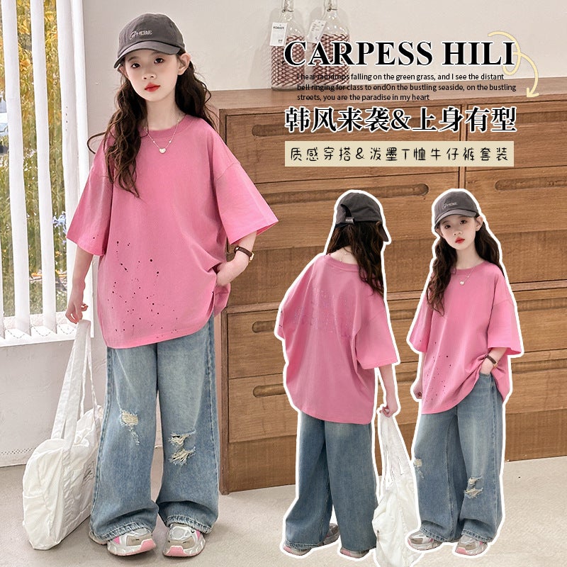 Girls Splash Ink Rhinestone T-Shirt Ripped Jeans Suit 2025 Middle And Big Children'S Trendy Cool Fashion Two-Piece Set - Image 2