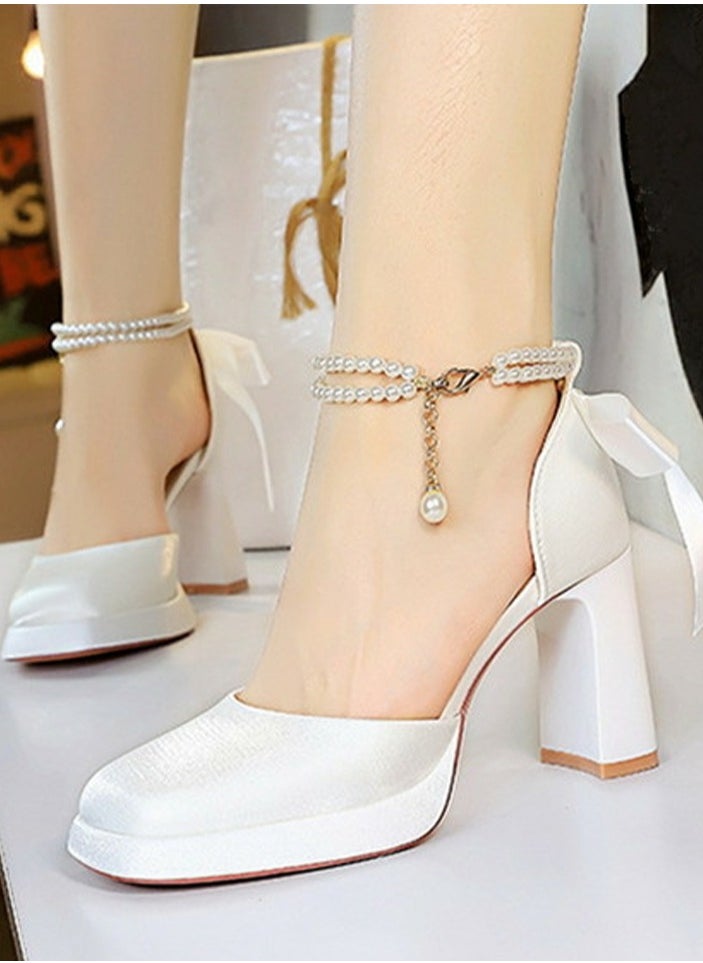 BIGTREE Womens Satin Platform Chunky High Heel Square Closed Toe With Beaded Ankle Strap And Bowknot Decoration Pumps White 9CM  - Image 3