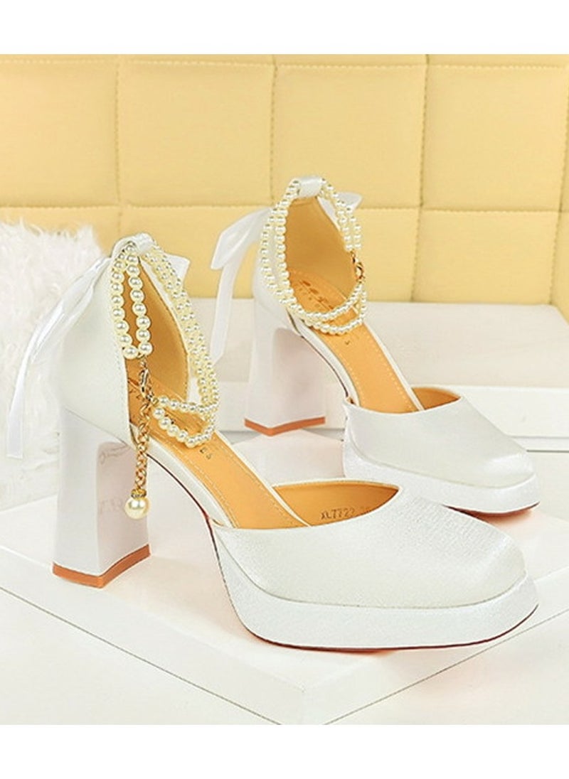 BIGTREE Womens Satin Platform Chunky High Heel Square Closed Toe With Beaded Ankle Strap And Bowknot Decoration Pumps White 9CM  - Image 2