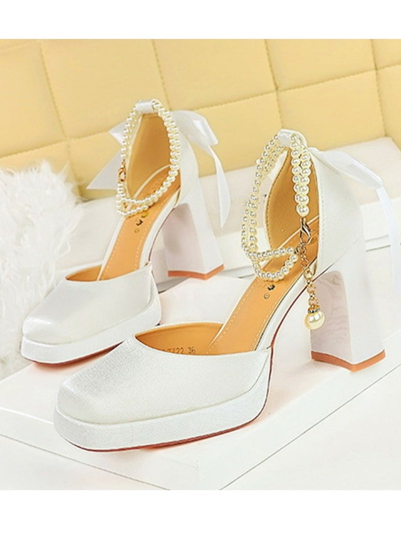BIGTREE Womens Satin Platform Chunky High Heel Square Closed Toe With Beaded Ankle Strap And Bowknot Decoration Pumps White 9CM  - Image 1