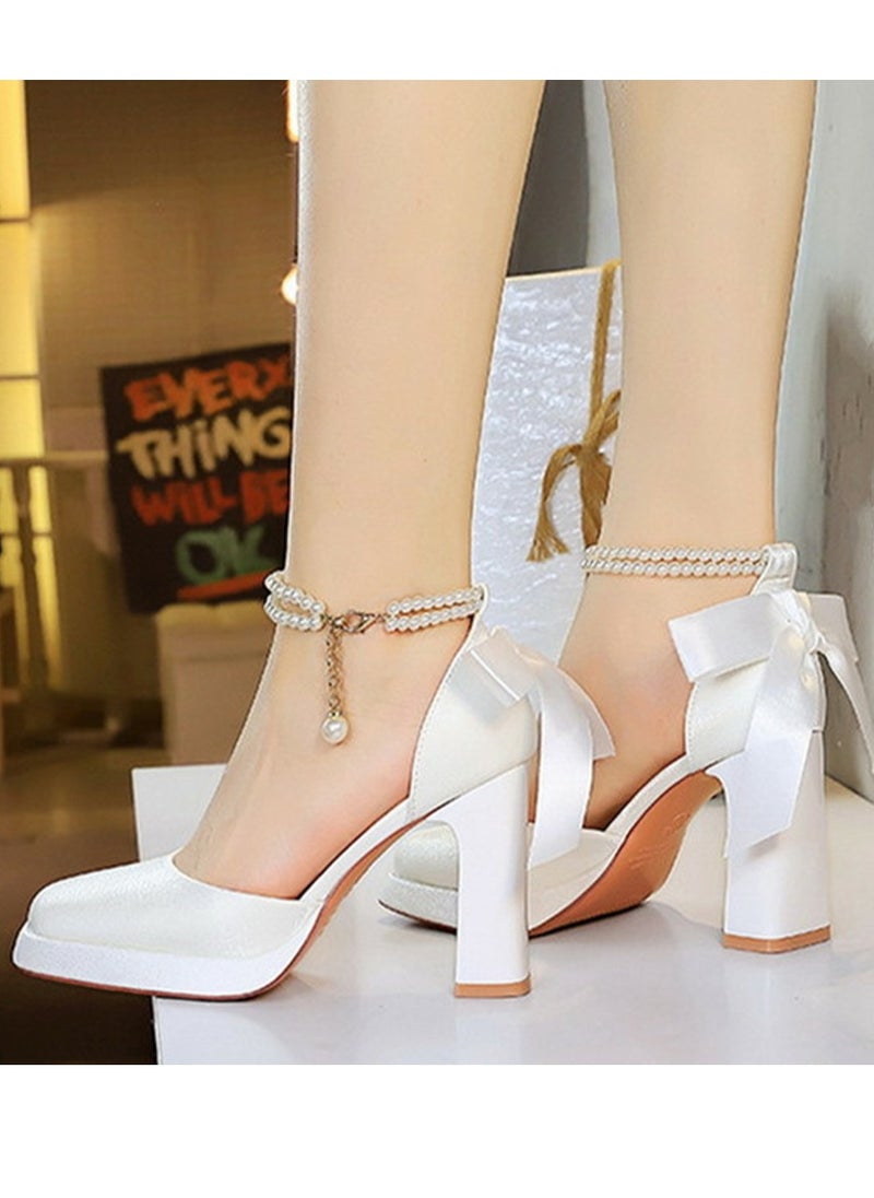 BIGTREE Womens Satin Platform Chunky High Heel Square Closed Toe With Beaded Ankle Strap And Bowknot Decoration Pumps White 9CM  - Image 4