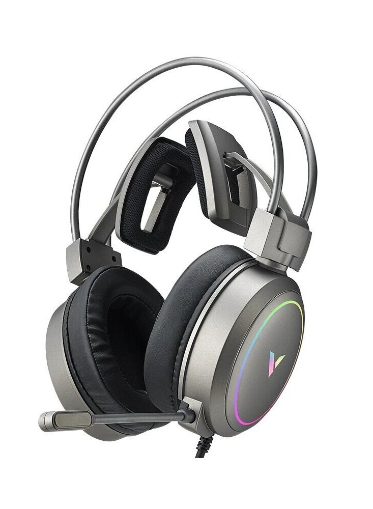 Vh610 Gaming 7.1 Virtual Surround Sound Integrated Line Control Graphene RGB LED Light Headphone Silver - Image 1
