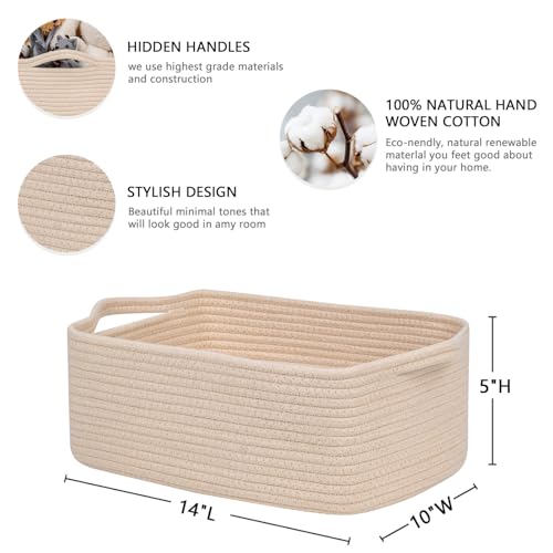 CubesLand Rectangular Cotton Rope Basket 14x10x5 Inches Beige Nursery Storage Bin - Image 3