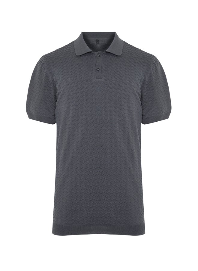 trendyol Men's Gray Regular Fit Openwork Buttoned Knitwear Polo Collar T-Shirt - Image 4
