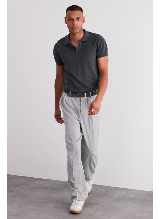 trendyol Men's Gray Regular Fit Openwork Buttoned Knitwear Polo Collar T-Shirt - Image 2