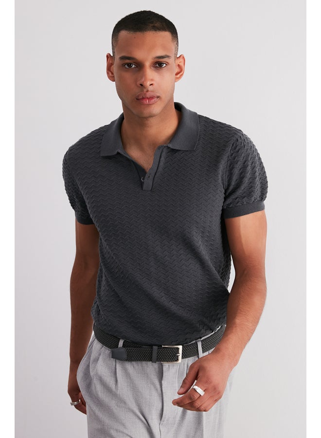 trendyol Men's Gray Regular Fit Openwork Buttoned Knitwear Polo Collar T-Shirt - Image 1