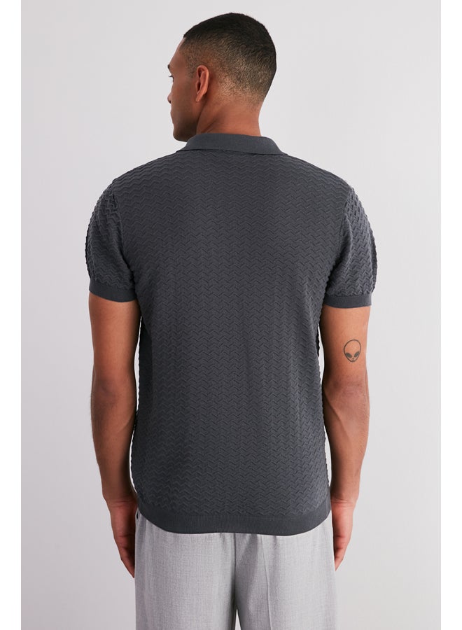trendyol Men's Gray Regular Fit Openwork Buttoned Knitwear Polo Collar T-Shirt - Image 3