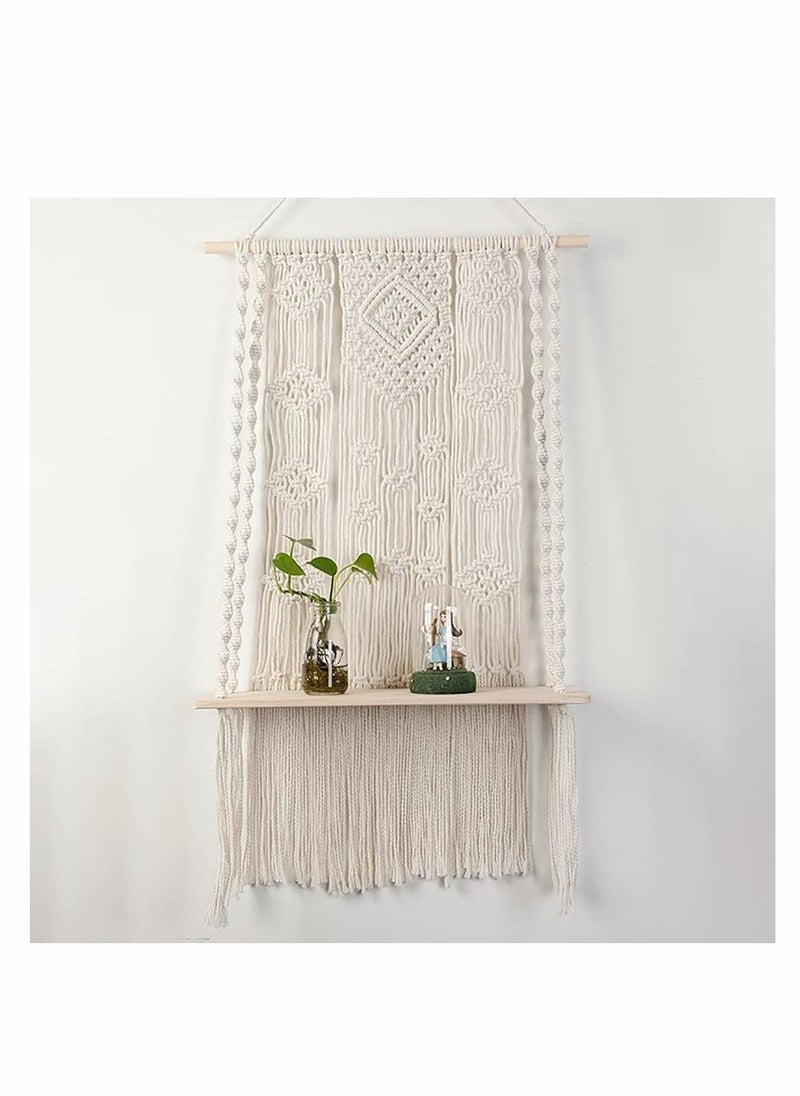 Macrame Wall Hanging Shelf, Wall Hanging Shelf Woven Home Organizer Decor, White Handmade Wood Boho Rope Plant Pot Basket Hanger Holder, Cotton Rope Plant Hanger for Home Wall Decor - Image 1
