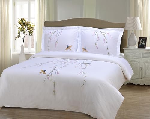 Superior Cotton 200TC Duvet Cover Set, Soft Comforter Covers, Bedroom Essentials, Embroidered Spring Tree with Birds, includes 1 Duvet Cover- Button Closure, 2 Pillow Shams, King/California King - Image 3