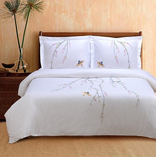 Superior Cotton 200TC Duvet Cover Set, Soft Comforter Covers, Bedroom Essentials, Embroidered Spring Tree with Birds, includes 1 Duvet Cover- Button Closure, 2 Pillow Shams, King/California King - Image 1