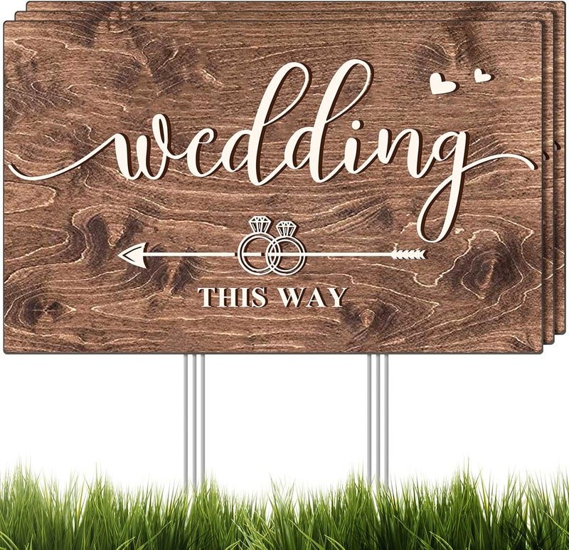 Kuco Wedding Directional Road Sign Wedding Directional Arrow Yard Sign with Exquisite Double-sided Printing Wedding Directional Signs Wood,Waterproof Large Wedding Sign with Stakes,Wedding Supplies-3PCS - Image 1
