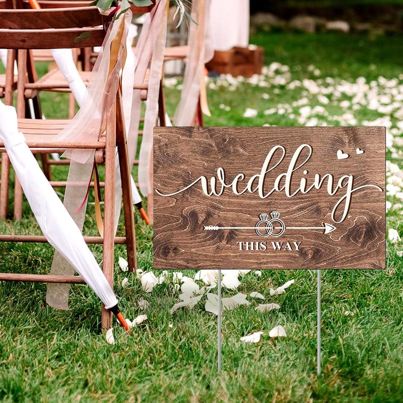 Kuco Wedding Directional Road Sign Wedding Directional Arrow Yard Sign with Exquisite Double-sided Printing Wedding Directional Signs Wood,Waterproof Large Wedding Sign with Stakes,Wedding Supplies-3PCS - Image 2