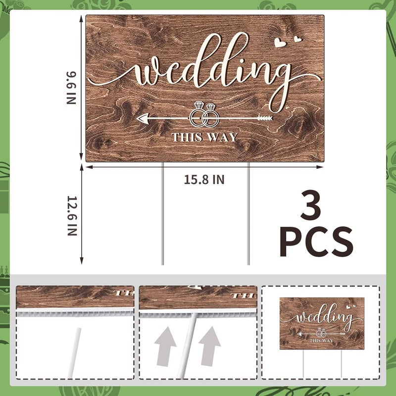 Kuco Wedding Directional Road Sign Wedding Directional Arrow Yard Sign with Exquisite Double-sided Printing Wedding Directional Signs Wood,Waterproof Large Wedding Sign with Stakes,Wedding Supplies-3PCS - Image 5