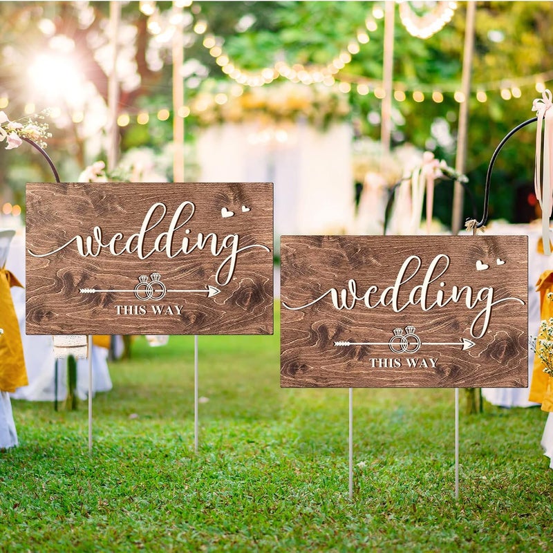 Kuco Wedding Directional Road Sign Wedding Directional Arrow Yard Sign with Exquisite Double-sided Printing Wedding Directional Signs Wood,Waterproof Large Wedding Sign with Stakes,Wedding Supplies-3PCS - Image 3