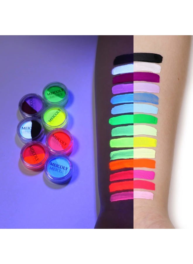 MEICOLY Water Activated Eye Liner 14 Colors,Neon UV Rainbow Face Paint,7 Cakes Duo Color Water Activated Eyeliner,Halloween Hydra Liner,Matte Graphic Eyeliner, Glow Blacklight Black White Body Paint - Image 2