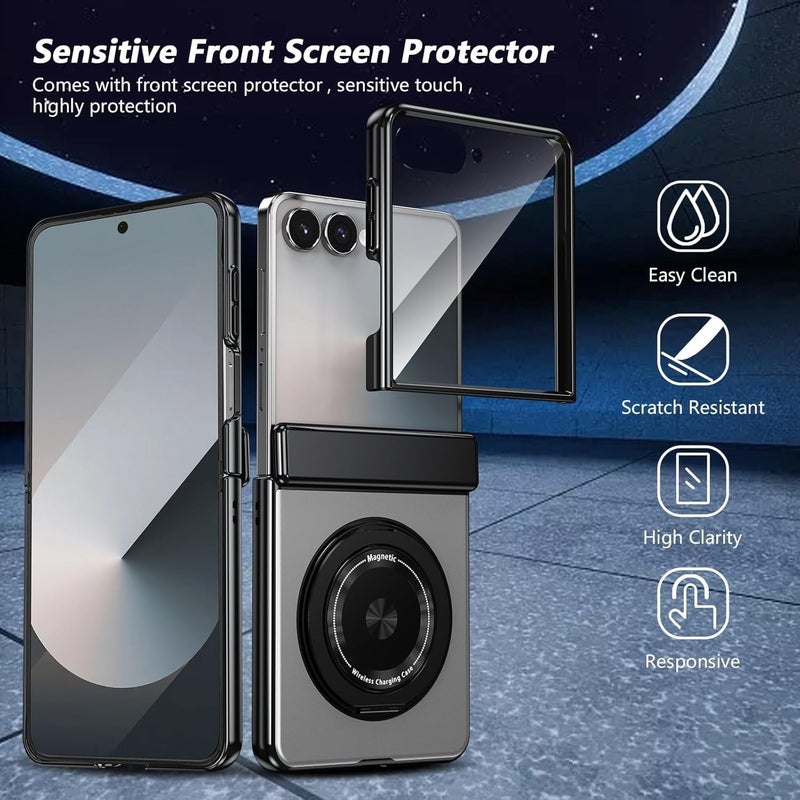 SYOSI Phone Case for Galaxy Z Flip 7, Slim Anti-Drop Shockproof Cases with Magnetic Ring Holder, 360 Rotating Bracket, Hinge Protection & Built-in Front Screen Protector, Silver - Image 3