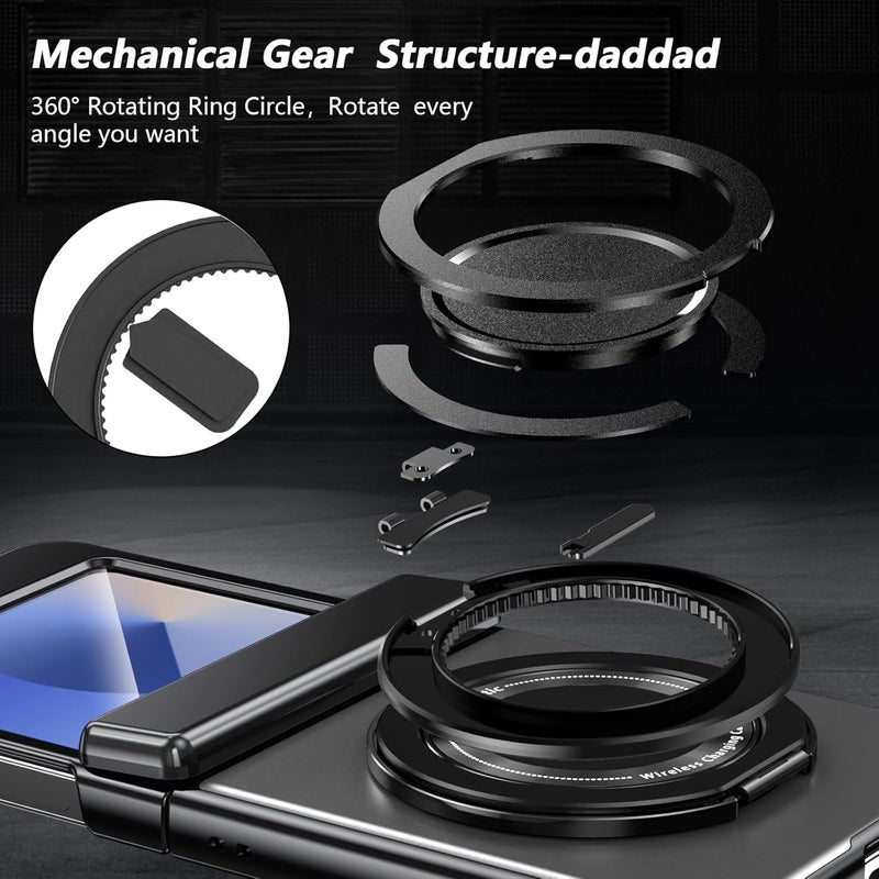 SYOSI Phone Case for Galaxy Z Flip 7, Slim Anti-Drop Shockproof Cases with Magnetic Ring Holder, 360 Rotating Bracket, Hinge Protection & Built-in Front Screen Protector, Silver - Image 4