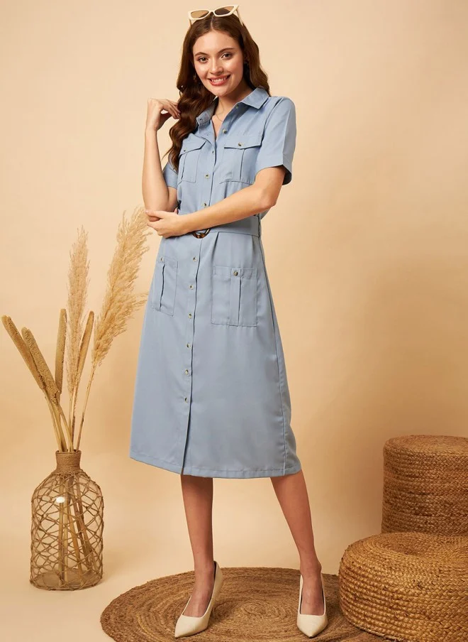 MINT STREET Belted Blue Shirt Dress for Women