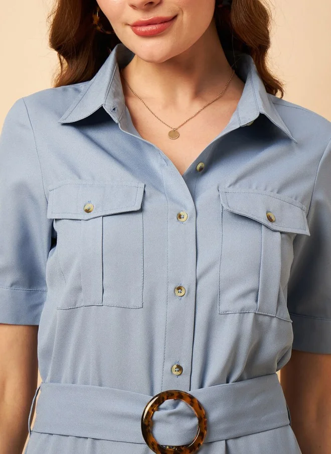 MINT STREET Belted Blue Shirt Dress for Women