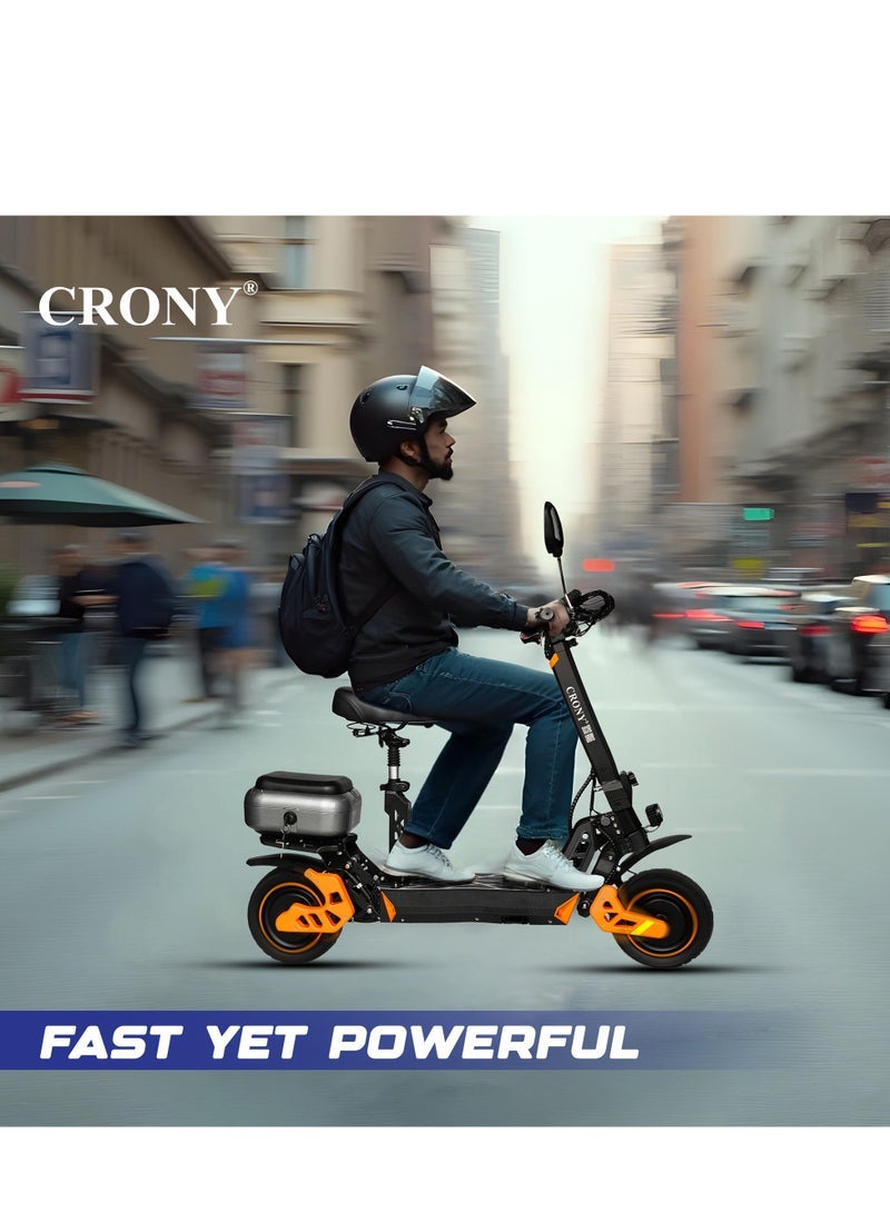 Crony M4 Max 2400W Dual Motor E-Scooter for Adults, Max Speed 80KM/H, 48V 20Ah High-Capacity Battery, 10” Off-Road Fat Tires, Dual Suspension, Hydraulic Disc Brakes, Brushless Motor, Foldable Heavy-Duty Aluminum Frame, Shock Absorbing, Bluetooth LCD Display, Smart App Control, Waterproof IPX7, Rear Luggage Box, Mobile Holder, With Seat, Rugged Terrain-Ready, Ultra-Fast Electric Scooter, Long Range 50KM, Hill-Climbing, Powerful Urban Mobility E-Bike for Last-Mile Commuting - Image 5