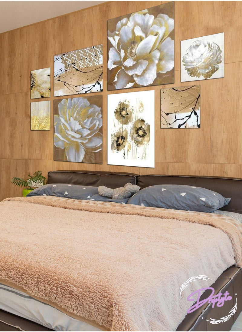 8 Piece Golden and White Flowers Painting Decorative Wall Art Wall Decor Card Board MDF Home Decor  For Drawing Room, Living Room, Bedroom, Kitchen or Office  120CM x 60CM