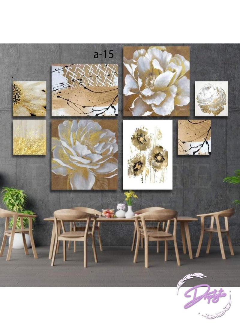 8 Piece Golden and White Flowers Painting Decorative Wall Art Wall Decor Card Board MDF Home Decor  For Drawing Room, Living Room, Bedroom, Kitchen or Office  120CM x 60CM