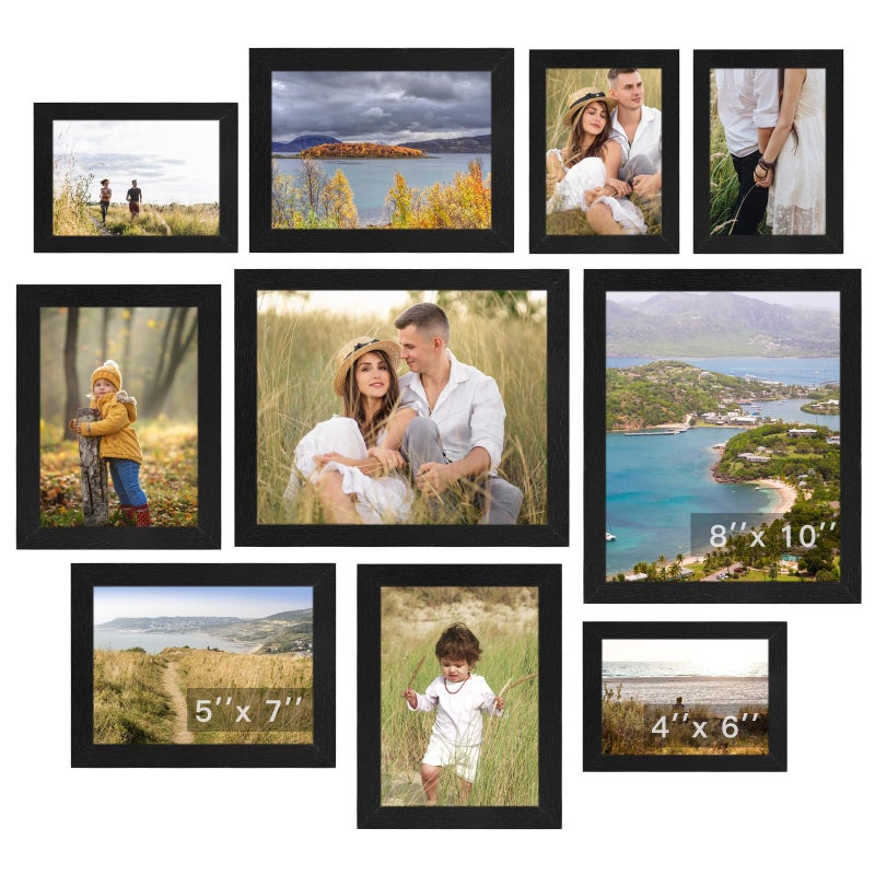Rexllon Black Picture Frames Collage Wall Decor 10 Pack Gallery Wall Frame Set for Wall Mounting or Tabletop Display Multi Sizes Including 8x10 5x7 4x6 Family Photo Frames