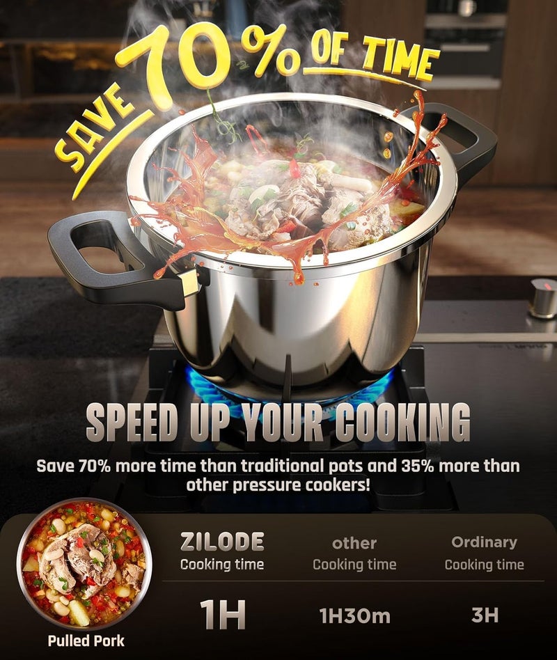ZILODE 18/8 Stainless Steel Pressure Cooker 10 QT, [Save 70% Cooking Time] Olla De Presion with Food-Grade Body [One Hand Operation] Rotating Lock/Unlocking Lid System, Steam Rack Included - Image 2