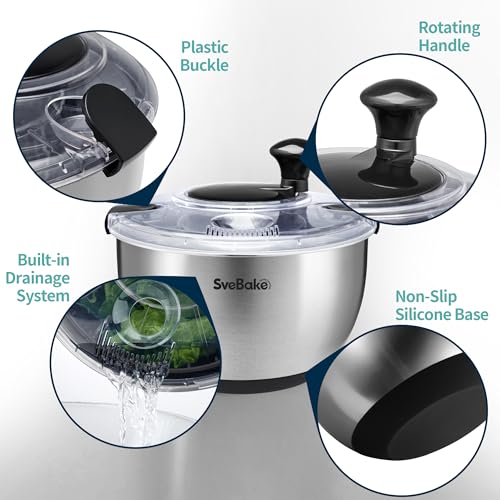 SveBake Stainless Steel Salad Spinner, 4.8 Qt Vegetable Washer, BPA-Free Lettuce Dryer with Crank Design, Dishwasher Safe, Non-Slip Base - Transparent Lid - Image 4