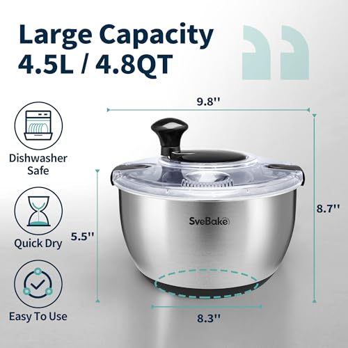 SveBake Stainless Steel Salad Spinner, 4.8 Qt Vegetable Washer, BPA-Free Lettuce Dryer with Crank Design, Dishwasher Safe, Non-Slip Base - Transparent Lid - Image 2