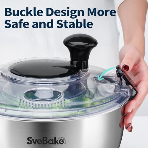 SveBake Stainless Steel Salad Spinner, 4.8 Qt Vegetable Washer, BPA-Free Lettuce Dryer with Crank Design, Dishwasher Safe, Non-Slip Base - Transparent Lid - Image 3