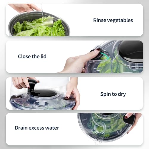 SveBake Stainless Steel Salad Spinner, 4.8 Qt Vegetable Washer, BPA-Free Lettuce Dryer with Crank Design, Dishwasher Safe, Non-Slip Base - Transparent Lid - Image 5