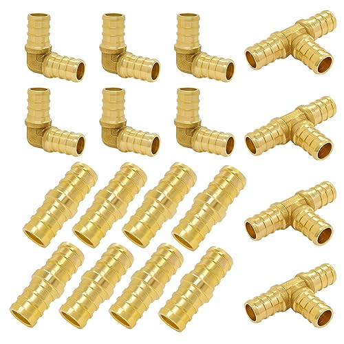 Hooshing 18PCS PEX Fittings Combo 1/2 inch, PEX Coupling (8PCS) 90 Degree Elbow (6PCS) Tee (4PCS) Brass Barb Crimp Fitting - Image 1